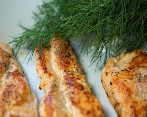Grilled fish fillet garnished with fresh herbs and lemon slices
